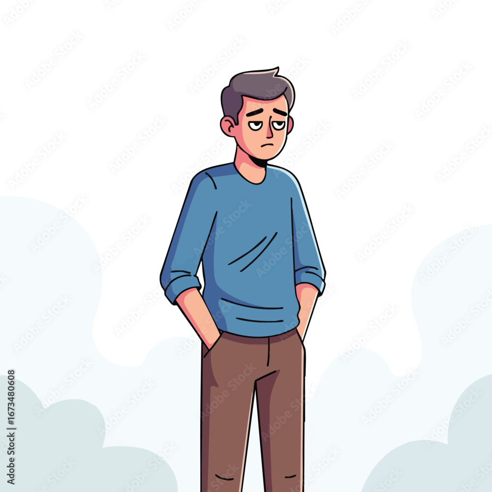 Poster young man standing with hands in pockets, looking thoughtful against a cloudy background for introsp
