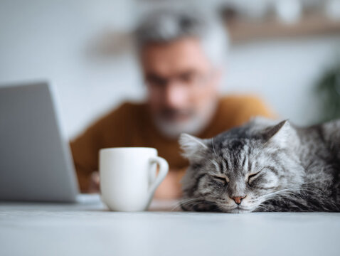 Cozy home office scene with a sleeping cat, coffee cup, and a blurred person working on a laptop. Represents relaxation, companionship, and worklife balance.