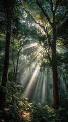 Sunlight beams through a dense forest
