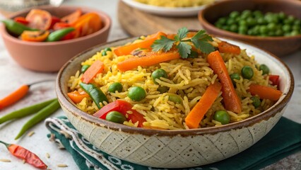 Delicious biryani with sautéed vegetables served in a bowl for a vibrant and colorful meal