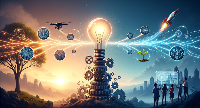 Futuristic technology innovation with light bulb and drone