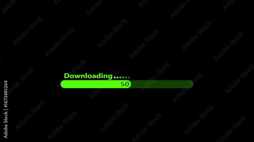 Poster downloading bar progress animation green color loading icon on black background .