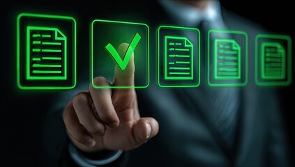 Businessperson's hand touches glowing green checkmarks over digital documents