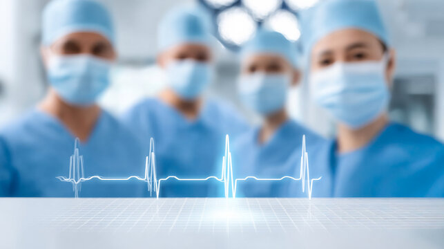 Surgeons check patient health. Medical professionals in surgical attire focus on vital signs during a procedure in a modern operating room.