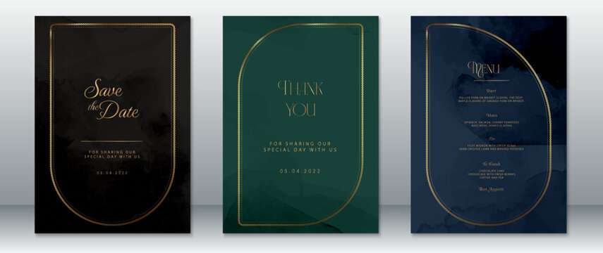 Elegant wedding stationery set featuring black, emerald-green, and navy-blue marble textures with refined gold frames. Includes save the date, thank you card, and dinner menu.