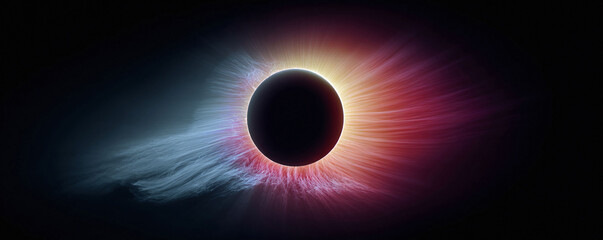 Abstract image of a dark sphere radiating colorful light on a dark background. Could represent an eclipse, a planet, or a powerful energy source. Great for science, technology, or conceptual projects.