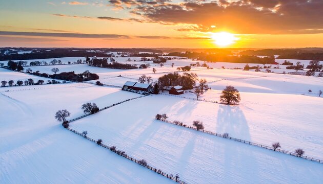 Winter Sunset over Snowy Farmhouse  Fields with Orange Sky  Landscape View.