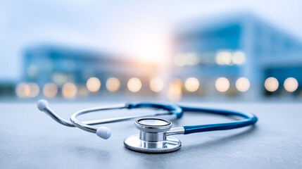 Stethoscope on outdoor table. A stethoscope is placed on a table, with a modern medical building softly blurred in the background during dusk.