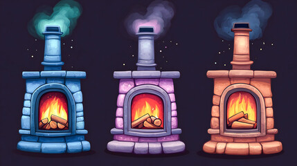 Stoves with cartoon fireplaces. Fireplace chimney electric firewood heat systems, comfortable fireside classic home hearth decorated with iron stone modern heater, vector illustration