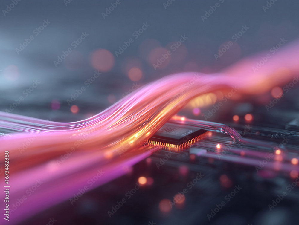 Poster abstract tech background showcasing a microchip with glowing data streams. evokes concepts of connec