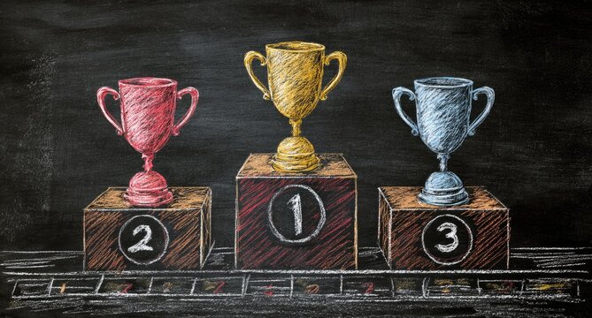 Chalk-drawn trophies on tiered podiums (1)