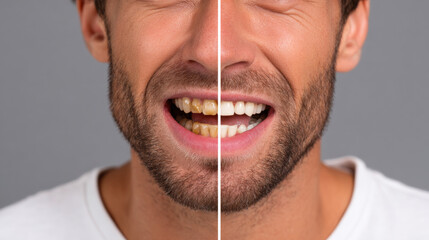 Smile transformation tips!. Two contrasting halves of a man's smile show the impact of dental care and hygiene on teeth appearance.