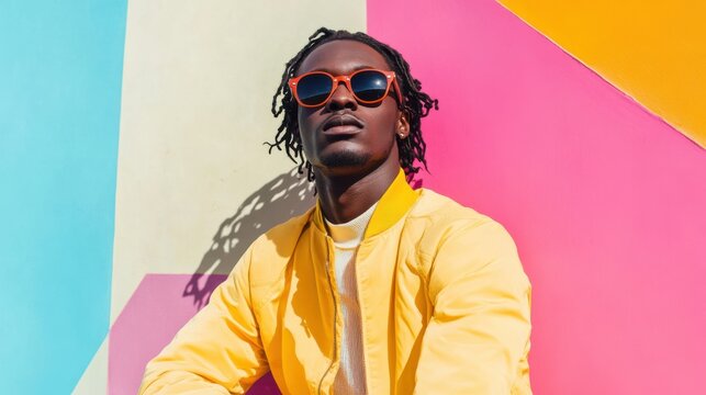 African man in yellow jacket and sunglasses in front of a colorful abstract background.