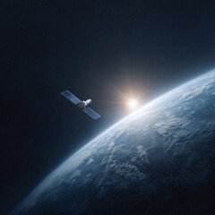 Fototapeta premium Stunning image of a satellite orbiting Earth as the sun rises on the horizon. Great for science, technology, or environmental concepts. Inspiring, vast and futuristic.
