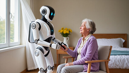 A robotic caregiver helping a senior woman. A friendly home robot assisting an elderly woman in her bedroom. An AI assistant providing support for a retired person at home.