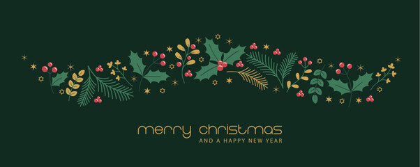 christmas greeting card with floral holly berry wave decoration vector illustration