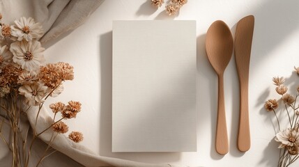 Minimal mockup of a blank linen menu placed on a clean white table with wooden cutlery, featuring warm beige tones and earthy natural style, perfect for restaurant branding, dining design