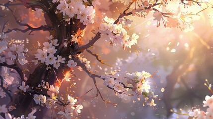 Dreamy cherry blossom tree branch in bloom with sunlight shining through