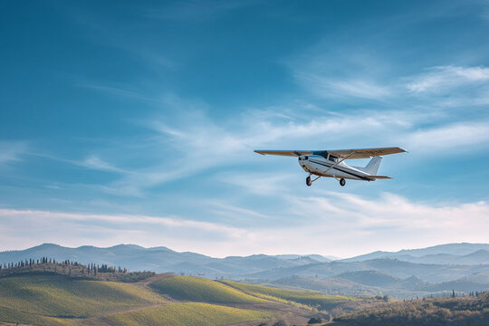 Small plane soaring above picturesque rolling hills. Inspiring freedom, adventure, and travel. Ideal for aviation, tourism, and lifestyle themes. Serene, scenic view.