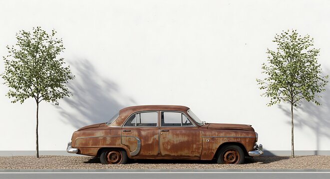 Rusty vintage sedan parked between two trees against a white wall automobile retro