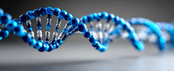 Blue DNA double helix. This vibrant blue DNA helix on a gray background highlights its scientific importance.