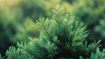 Close-up of a pine tree branch with green needle leaves; nature and forestry.