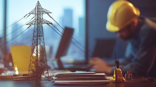 Electrical engineer working on power grid infrastructure project in office setting at night time