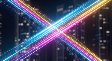 Fototapeta premium Abstract glowing neon lines crossing over a city skyline at night