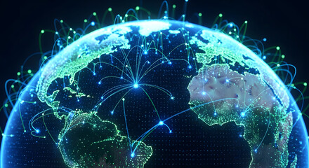 Global network connections and data flow across the earth