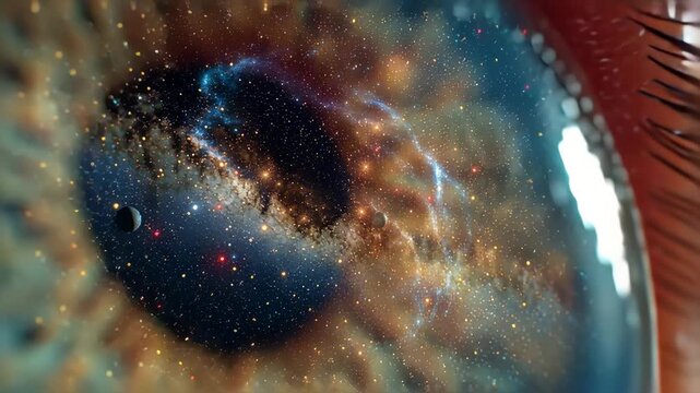 VFX Transition: Camera Moving Through Extreme Close-Up Of Eye Into Animation Of Beautiful Universe in Outerspace With Planets, Stars. Visualization Of Human Nature Complexity. Inner Beauty Concept.