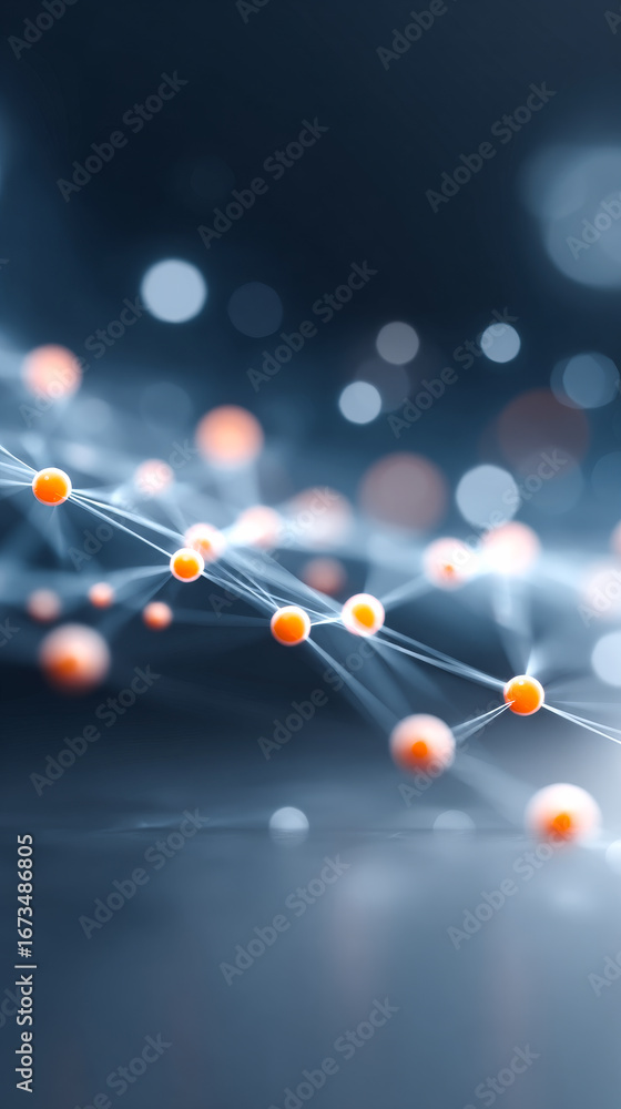 Poster colorful molecules in a digital network. floating orange spheres connected by thin lines represent a