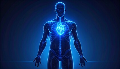 A transparent 3D illustration of a human body with a blue-lit circulatory system and heart, showing internal anatomy and futuristic health concepts. Suitable for medical, technology, or other content