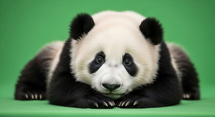 Fototapeta premium Adorable Young Giant Panda Resting on a Green Background in Captivity