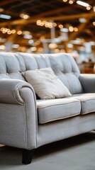 Fototapeta premium Cozy grey sofa with a soft pillow in a well-lit furniture store showcasing a modern interior design and inviting atmosphere