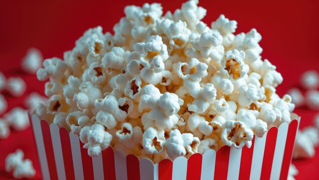 Popcorn in a striped container, with some scattered around, on a red background. An image of snack food, suitable for movie or entertainment themes.