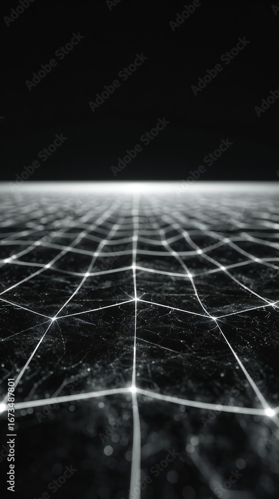 Fototapete abstract digital grid with interconnected white lines and nodes against a dark background, creating 