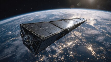 Satellite orbiting Earth with solar panels and global landscape illuminated at night showcasing technology and space exploration