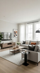 Fototapeta premium Modern living room with a sectional sofa, coffee table, and large tv, bright and airy