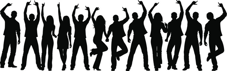 Silhouette of Group of People Dancing and Celebrating Together, Party Crowd Vector Illustration Isolated on White Background for Events