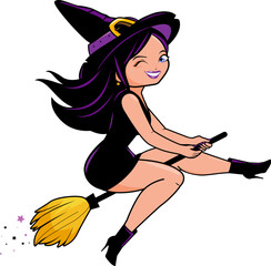 Beautiful Halloween witch with magical broom flying in the sky. Cartoon trick or treat woman with spooky witch costume for Halloween party. Vector illustration