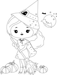 Beautiful Halloween witch with magical broom and pumpkins. Pretty girl in witch Halloween costume celebrating trick or treat Halloween. Vector black and white coloring page.