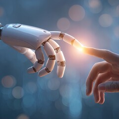 Human And Robot Hands Touching In Futuristic Technology Concept