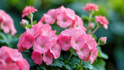 Fototapeta premium Pink flowers in bloom with green foliage.