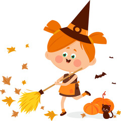 Cartoon witch girl and her cat sweeping pumpkin leaves with her broom on Halloween night. Child in witch Halloween costume celebrating trick or treat Halloween with sweet candy. Vector illustration