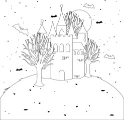 Spooky Halloween background with a scary haunted castle and trees on a hill at night. Spooky tower with scary trees and bats. Trick or treat Halloween party. Vector black and white coloring page.