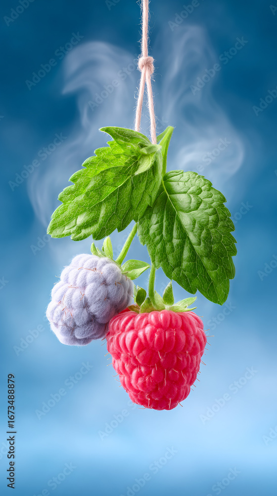 Poster fresh berries suspended in the air. ripe raspberry and soft blueberry are hanging from a string, sur