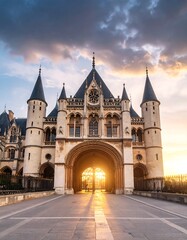 Fototapeta premium Majestic castle entrance at sunset, sunlight streams through arched gateway