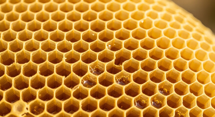 Closeup of a honeycomb with hexagonal cells filled with honey