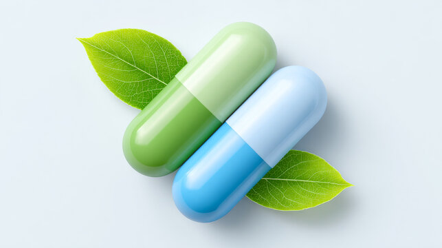 Herbal capsules resting on green leaves. Two colorful capsules, one green and one blue, sit beautifully on fresh green leaves against a light background.