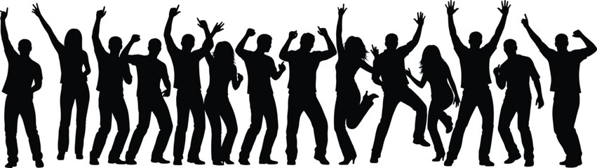 Silhouette of People Jumping and Dancing in Group, Celebrating Together at Party Event, Vector Illustration Isolated on White Background